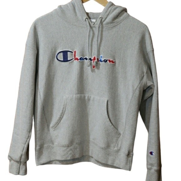Vintage Champion Gray Reverse Weave Hoodie Sweatshirt Medium Logo Spellout - Picture 1 of 11